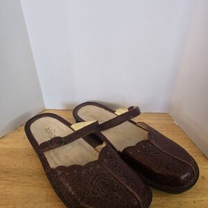 Alegria Brown Floral Embossed Leather Flats with Gold Accent